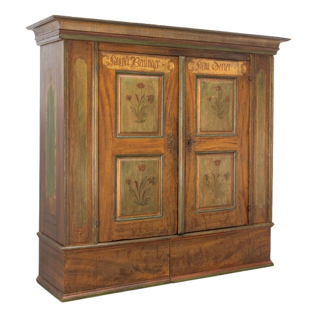 Late 18th Century Swiss Painted Wedding Pine Armoire For Sale