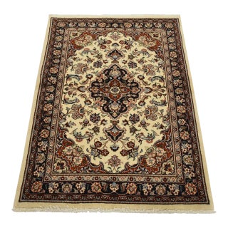 Fine Kashmar Rug 3’5′ X 4’8” Ivory Wool Traditional Hand-Knotted Carpet For Sale
