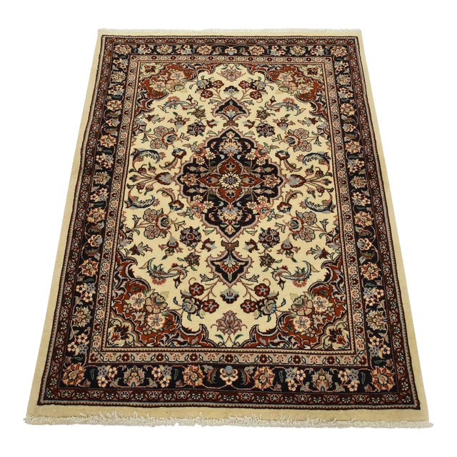 Fine Kashmar Rug 3’5′ X 4’8” Ivory Wool Traditional Hand-Knotted Carpet For Sale