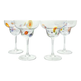 Contemporary Colorful Millefiori Confetti Blown Glass Margarita Glasses - Set of 4 For Sale