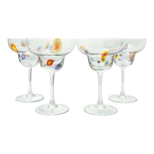 Contemporary Colorful Millefiori Confetti Blown Glass Margarita Glasses - Set of 4 For Sale