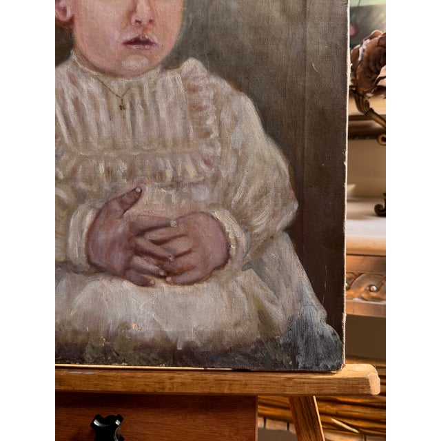 Antique Folk Art Oil Portrait of a Child, Circa 1890–1910 For Sale - Image 4 of 11