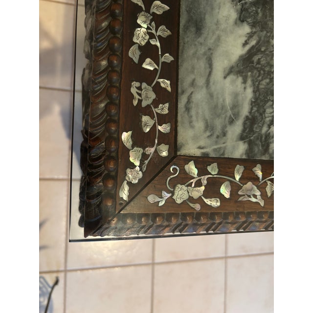 Antique Chinese Black Lacquer & Mother-of-Pearl Marble Top Tiered Table Late 19th Century | Qing Dynasty Influence For Sale - Image 4 of 12