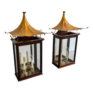 Vintage Large Gold Leaf Pagoda Lantern Wall Lights- A Pair For Sale