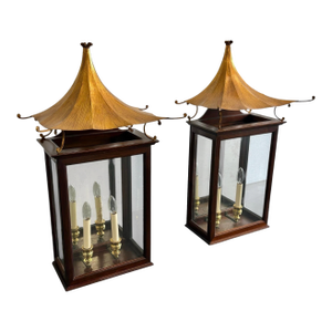 Vintage Large Gold Leaf Pagoda Lantern Wall Lights- A Pair
