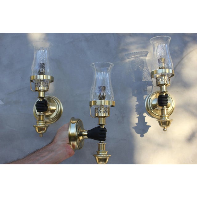 Gold Brass Wall Sconces attributed to John Devoluy, 1950s, Set of 3 For Sale - Image 8 of 8