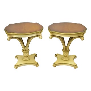 Grosfeld House Plume Carved Feather Pedestal Regency Side Tables - a Pair For Sale