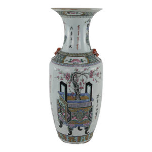 Mid 19th Century Chinese Mid-Qing Dynasty Famille Rose Vase With Animal Ears, Decorated With Bonsai and Flowers.