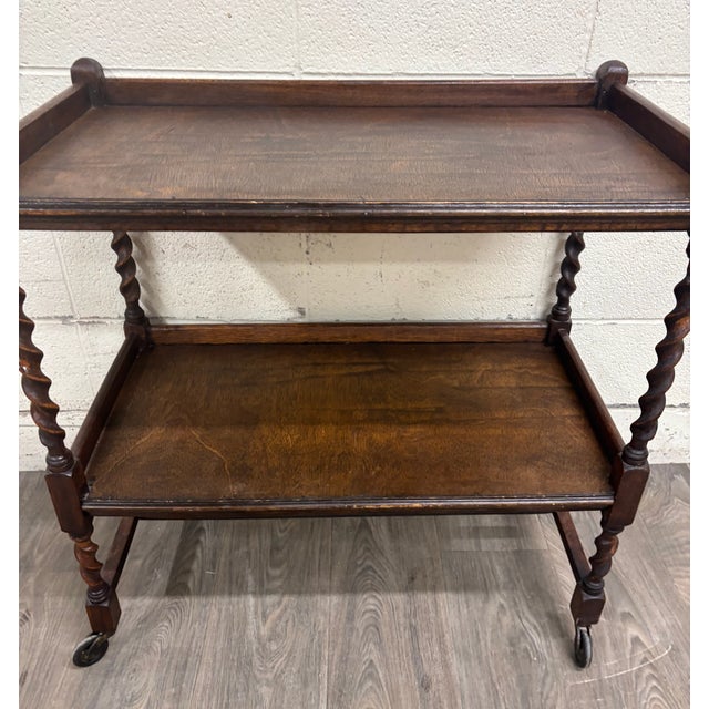 Antique English Barley Twist Oak Trolley Tea Cart Dumbwaiter For Sale - Image 4 of 9