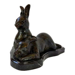 Large Bronze Rabbit Sculpture on Marble Base – Mother and Baby Hare - 19"l For Sale