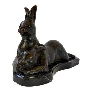 Large Bronze Rabbit Sculpture on Marble Base – Mother and Baby Hare - 19"l