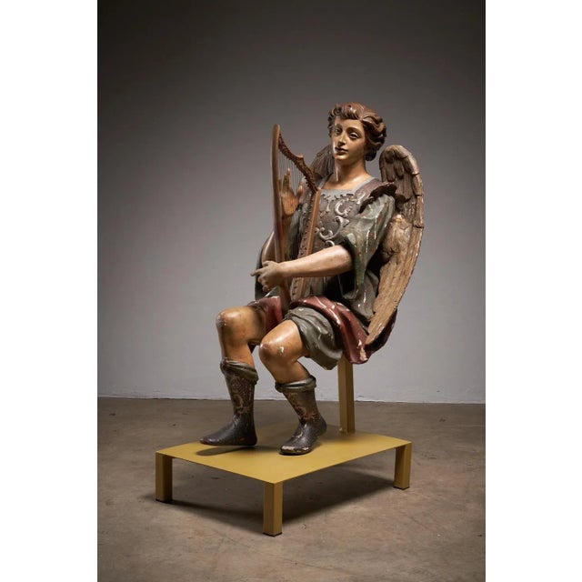 Antique Hand-Painted Wooden Angel and Harp Sculpture For Sale - Image 4 of 11