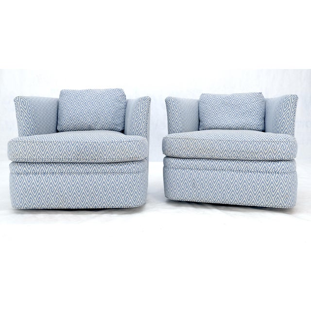 Pair of Blue & White Upholstery Vintage MCM Barrel Back Swivel Chairs For Sale - Image 12 of 13