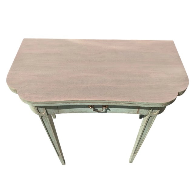 Vintage Swedish Gustavian Style Distressed Green Demi Lune Table For Sale - Image 12 of 17