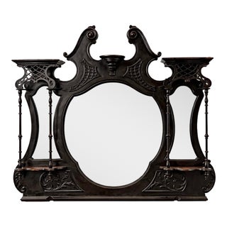 Antique Ebonized Victorian Architectural Mirror With 3 Beveled Mirrors & Shelves – Chippendale Revival For Sale