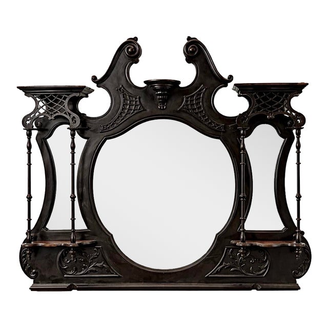 Antique Ebonized Victorian Architectural Mirror With 3 Beveled Mirrors & Shelves – Chippendale Revival For Sale