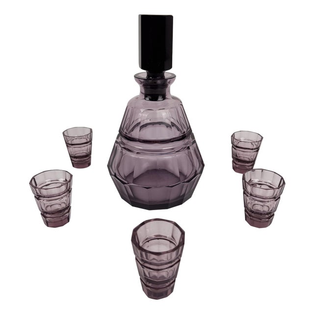 Art Deco Italian Liquor Bar Set in Violet Cut Glass, 1930s, Set of 6 For Sale