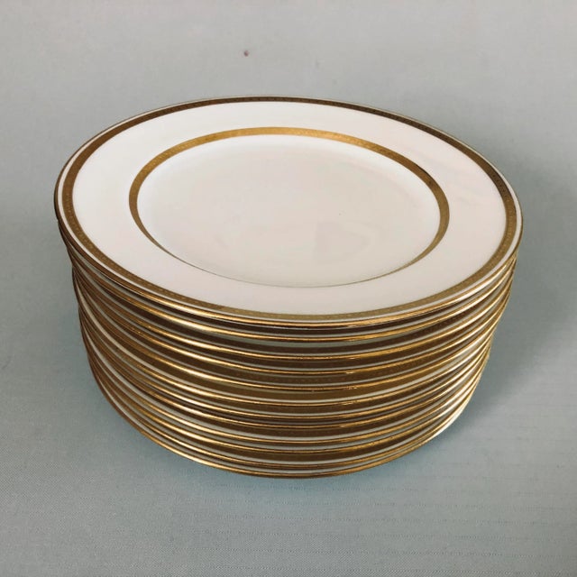 Vintage set of 8 gold band with off white salad or dessert plates 7.75"D , Makers mark reads" MINTONS Higgins & Seiter...
