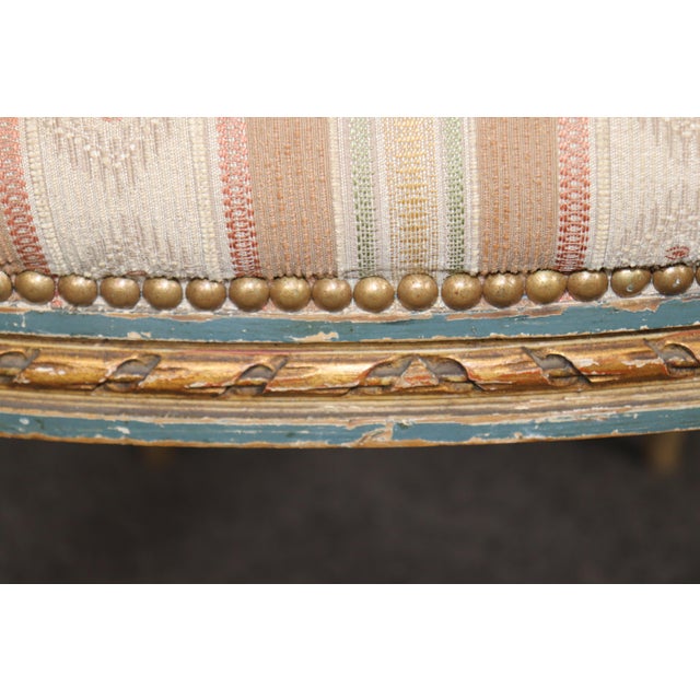 Pair of 19th C. French Louis XVI Paint Decorated & Gilt Carved Armchairs For Sale - Image 10 of 12