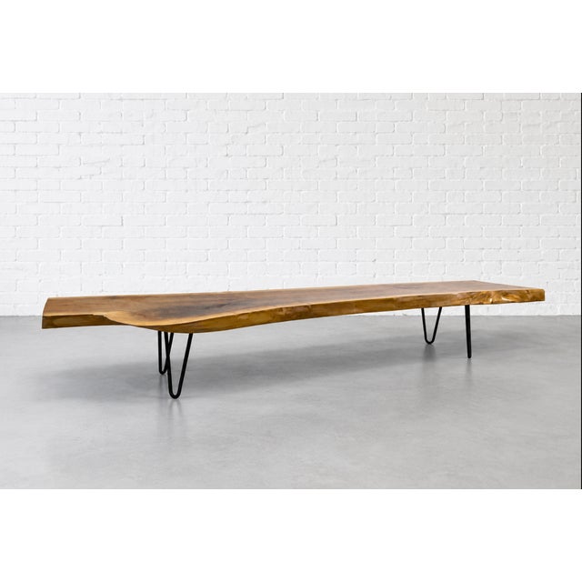 Brown Extra Long Sculptural Live Edge Wood Bench or Long Coffee Table Hairpin Legs For Sale - Image 8 of 12
