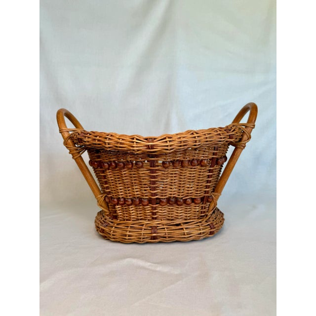Cabin Arts & Crafts Wicker Bentwood Beaded Double Handle Basket For Sale - Image 3 of 12