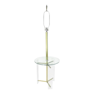 Mid 20th Century Brass and Lucite Tripod Leg Floor Lamp Glass Side Table