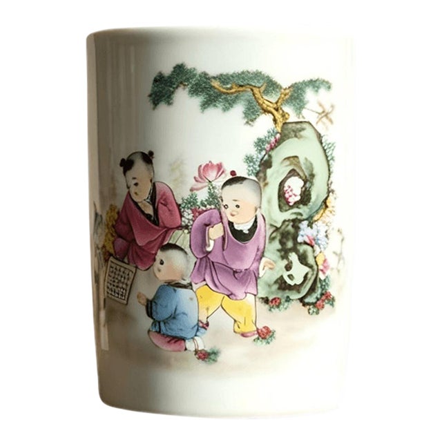 Chinese Ceramic Pot,Famille Rose Porcelain Brush Pot Hand Painted Playing Children Pattern For Sale
