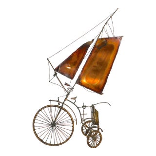 Brutalist Metal Tricycle With Sails Freestanding Sculpture Signed Illegibly, After Jere Circa 1970's For Sale