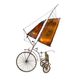 Brutalist Metal Tricycle With Sails Freestanding Sculpture Signed Illegibly, After Jere Circa 1970's