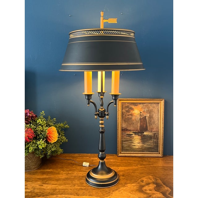 Vintage Bouillotte Table Lamp — Black Tole & Gilt Metal, Three-Light French Style, Circa 1970s For Sale - Image 4 of 18