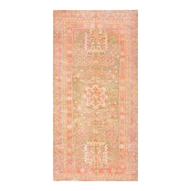 1920s Tan Taupe Medallion Antique Central Asian Khotan Carpet 5'6" X 11'2" Knotted Wool Rug For Sale