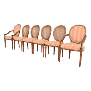 Karges French Regency Louis XVI Carved Walnut Cane Back Dining Chairs, Set of Six For Sale