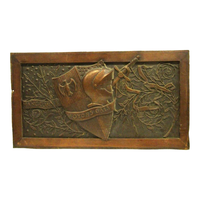Mid 19th Century Antique Large French Copper Mangeon Family Crest Panel Translates to "Let Us Be Gay" For Sale