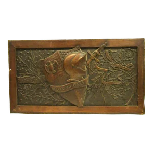 Mid 19th Century Antique Large French Copper Mangeon Family Crest Panel Translates to "Let Us Be Gay"