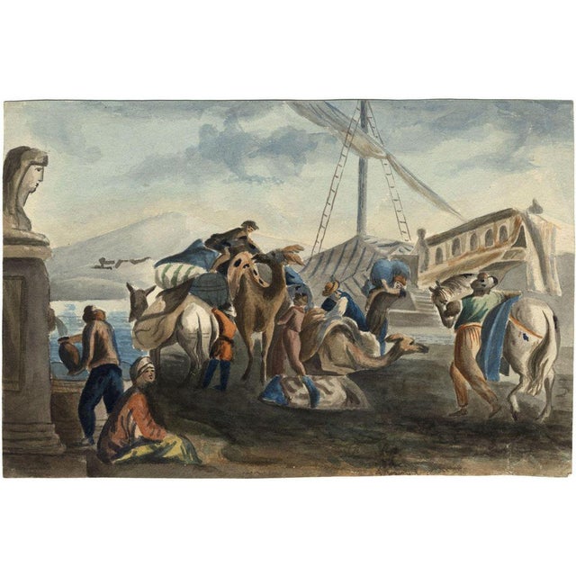 An original mid-19th-century watercolour painting Merchants with Camels on the Nile.An interesting Orientalist...