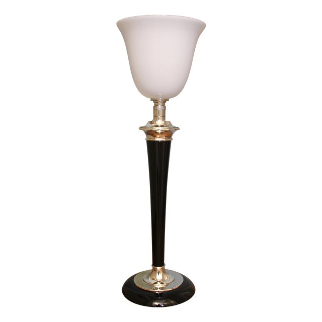 French Art Deco Table Lamp in Black Wood and Silver Metal from Mazda, 1920s For Sale