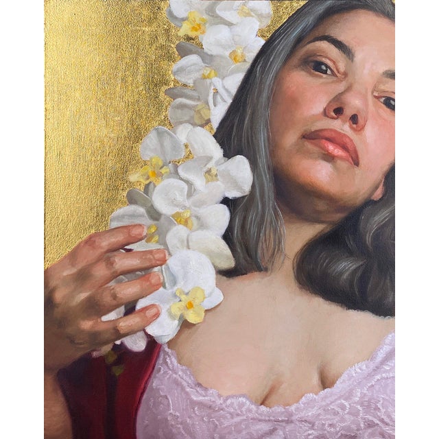 Early 21st Century I Bloom, and Now Feel by Aixa Oliveras | Oil and 24kt gold leaf on panel Woman holding white orchids. For Sale - Image 5 of 5