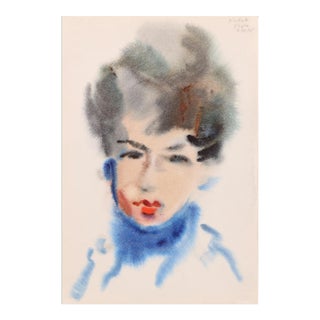 1960s "Portrait of Woman in Blue Turtleneck P2.61" Watercolor Painting by Eve Nethercott For Sale