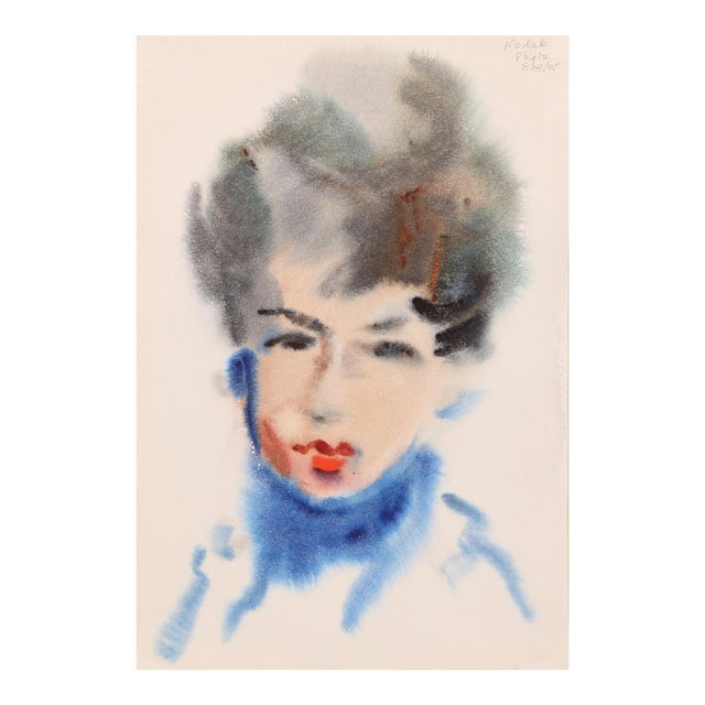 1960s "Portrait of Woman in Blue Turtleneck P2.61" Watercolor Painting by Eve Nethercott For Sale