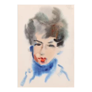 1960s "Portrait of Woman in Blue Turtleneck P2.61" Watercolor Painting by Eve Nethercott