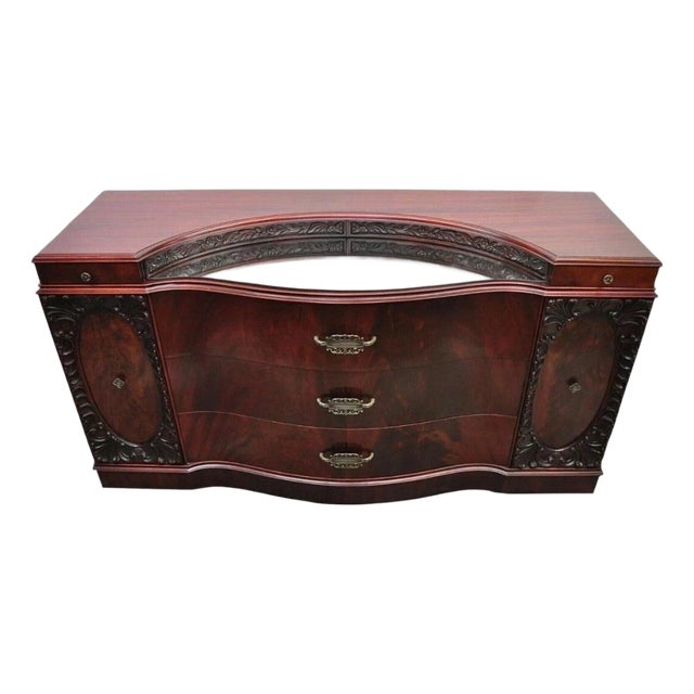 Vintage Chinese Chippendale Mahogany Serpentine Triple Dresser Credenza W Mirror For Sale