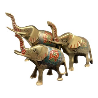 Set of Three 1960s Hand-Painted India Brass Lucky Elephants For Sale