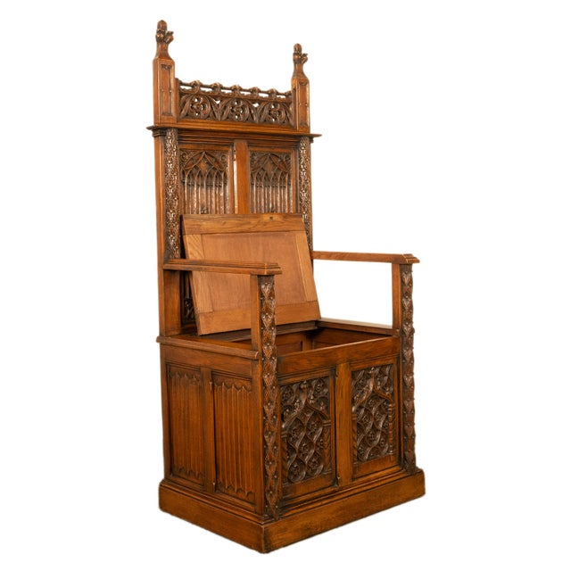 Late 19th Century Antique 19thC French Carved Oak Gothic Revival Throne Storage Chair Seat 1880 For Sale - Image 5 of 13