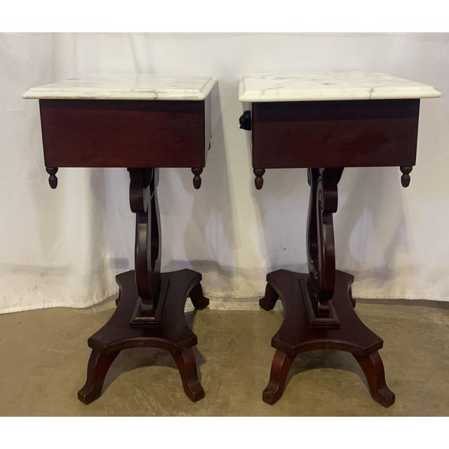 1950s Antique American Empire Style Mahogany Lyre Parlor Tables With Distinct Italian Marble Tops - A Pair For Sale - Image 5 of 10