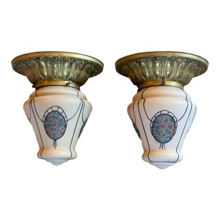 1920s Floral Painted Cased Glass Flush Mount Fixtures With Brass Holder - a Pair For Sale