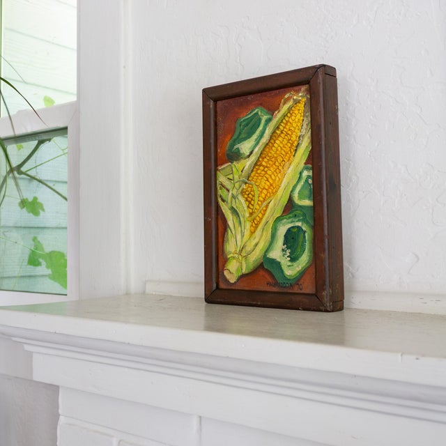 Still Life Painting of Corn and Peppers by Oregon Artist Hal Maddox 1970 For Sale - Image 6 of 10