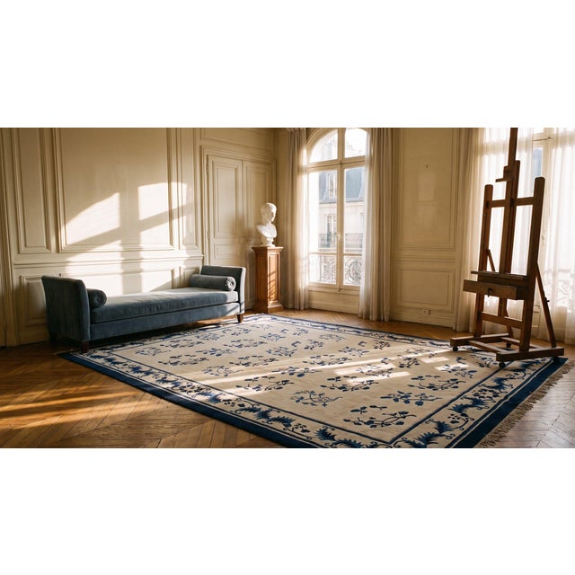 Textile 1890s White Ivory Foliate Antique Chinese Peking Rug 9' 2" X 11' 6" Handknotted Wool Carpet For Sale - Image 7 of 9