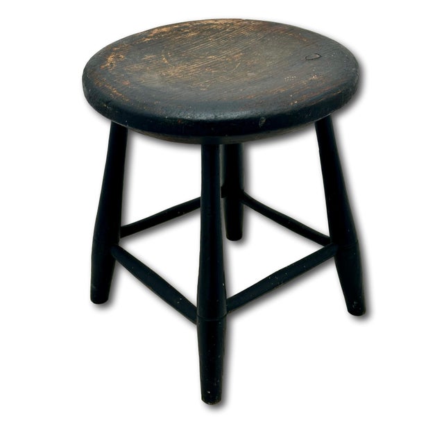 Very Nice Hand Made Antique American Primitive Pine Wood Footstool With Excellent Original Old Black Paint For Sale - Image 13 of 18