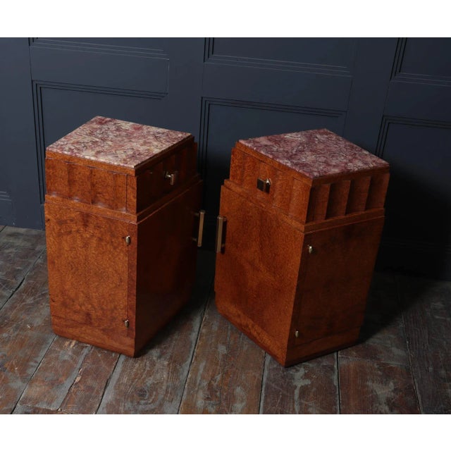 French Art Deco Bedside Tables in Amboyna and Marble, 1930s, Set of 2 For Sale - Image 12 of 15