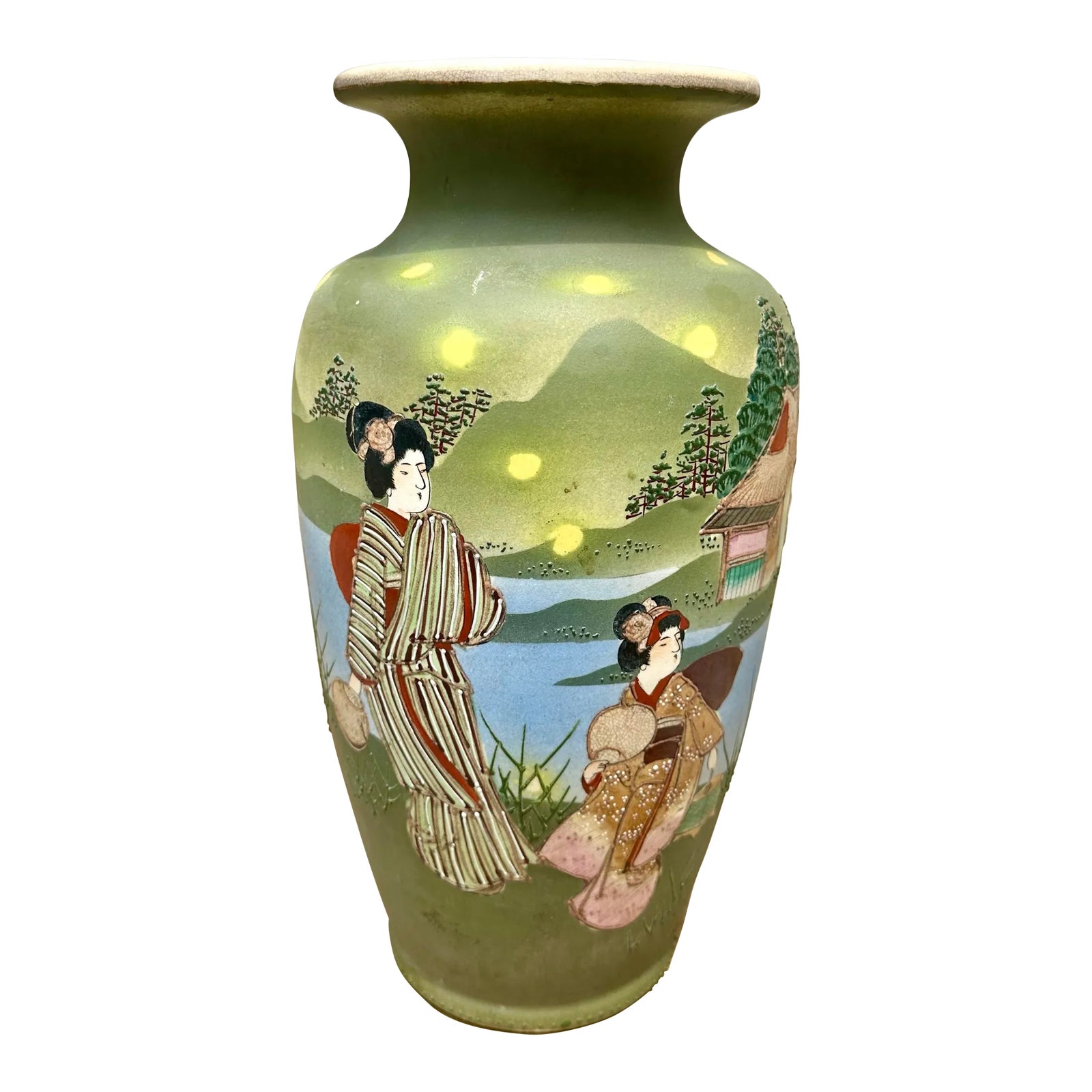 1900s Japanese Hand Painted Porcelain Satsuma Geisha Vase | Chairish